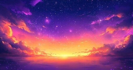 Vibrant colorful sunset over calm water with glowing clouds and a starry sky, creating a serene and magical atmosphere