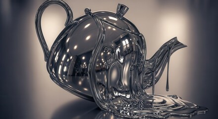 Metallic teapot object appears to be melting and spreading across a reflective surface