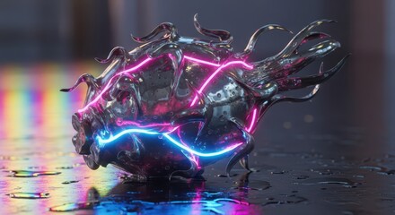 Metallic, organic structure glows with vibrant neon energy streams resting on a wet surface