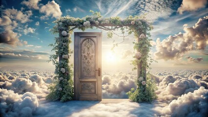 Open Door to a Heavenly Cloudscape, Adorned with Flourishing Vines and Blossoms, Beckoning Towards a Radiant Sunrise