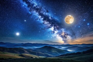 Serene Night Landscape Majestic Mountains Under a Starry Sky Adorned with a Full Moon and the Milky Way's Celestial River