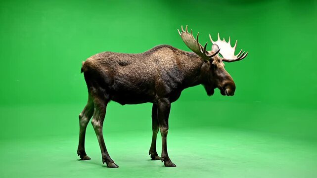 Moose standing on green screen background. Large deer with antlers. Brown fur animal. Wildlife creature. Mammal. Nature. Outdoors. Green chroma key.
