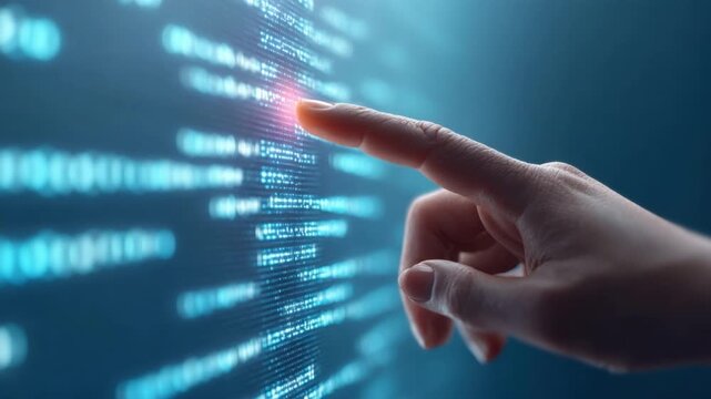 Hand Touching Digital Data on a Screen with Blue Code and Light Effects in a High-Tech Environment 4k video footage