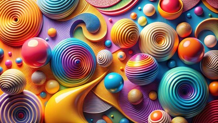 Vibrant Abstract Composition Featuring Multicolored Spheres, Concentric Circles, and Swirling Patterns on a Dynamic Background