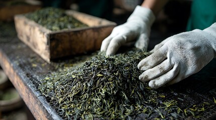 Sorting Fresh Green Tea Leaves by Hand for Quality Control