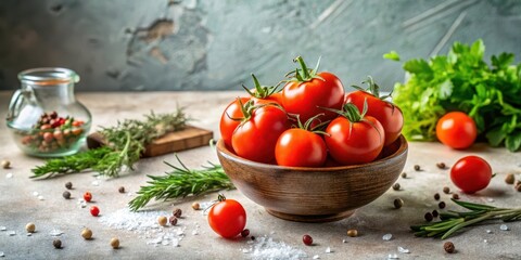 A rustic wooden bowl brimming with ripe, red tomatoes, surrounded by fragrant herbs and assorted spices on a textured stone surface.