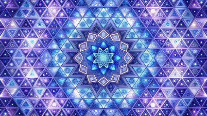 Intricate Geometric Pattern of Interlocking Triangles and a Central Floral Motif in Shades of Blue and Purple