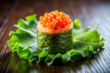 A delectable sushi roll, delicately adorned with vibrant orange fish eggs, rests gracefully upon a bed of fresh green lettuce leaves.