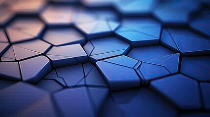 Abstract geometric pattern of interconnected hexagons in shades of blue and purple, with soft lighting and reflections.
