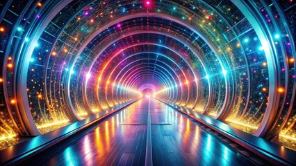 A Journey Through a Futuristic, Illuminated Cosmic Tunnel with Vibrant, Sparkling Lights and a Reflective Floor