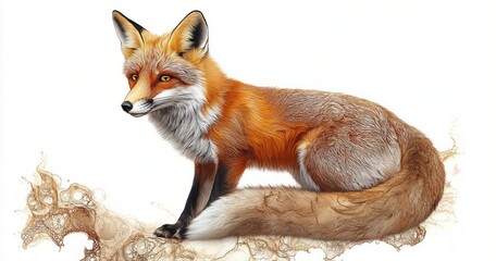 Obraz premium calm and alert red fox sitting with bushy curled tail and detailed orange and white fur on a clean white background with decorative brown ink-like splatter accents