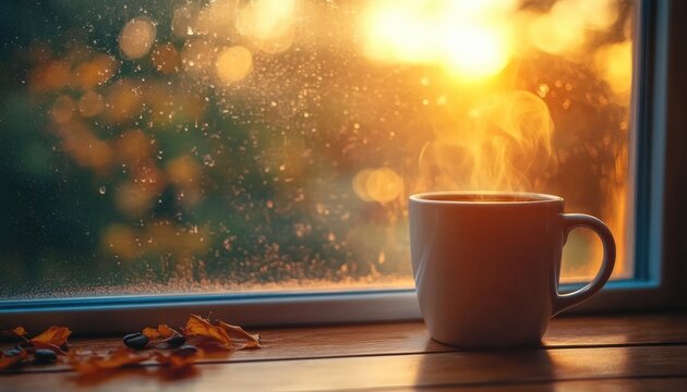 Steaming ceramic mug of coffee on a wooden windowsill with raindrop-covered glass, scattered autumn leaves and coffee beans in warm golden sunrise light, cozy peaceful morning mood - Powered by Adobe