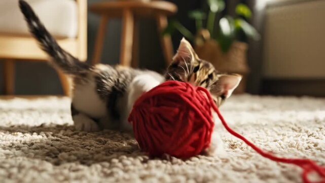 Adorable Kitten Plays with a Ball of Red Yarn Indoors.