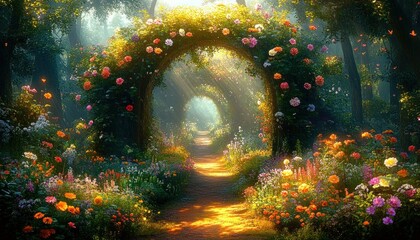 A sunlit forest path adorned with multiple archways covered in colorful blooming flowers surrounded by lush greenery and soft glowing light