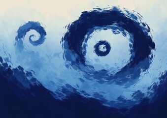 Abstract swirling blue vortices resembling water whirlpools under a soft, cloudy sky with dynamic brushstroke texture