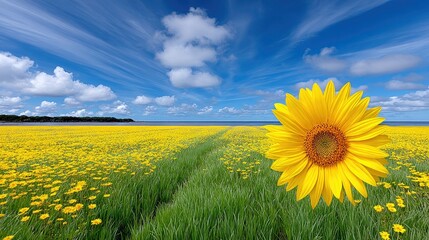 A large, vibrant sunflower stands in the foreground of a vast field of smaller yellow flowers, leading towards a distant ocean under a bright blue sky with scat