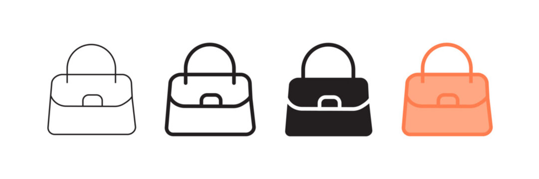 Set of minimalist handbag icons with transparent background, depicting women's fashion accessories, shopping and e-commerce symbols, and retail store elements, vector illustration