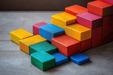 Obraz premium Colorful wooden blocks arranged in an ascending staircase pattern on a textured surface with a focus on vibrant hues and natural wood texture