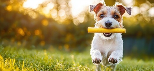 playful small dog joyfully running on grass with a yellow stick in its mouth during a sunny golden hour outdoors