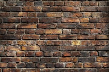 Fototapeta premium Close-up of an old rustic brick wall with varied shades of brown, red, and orange bricks showing weathered texture and mortar lines