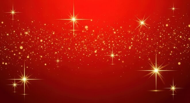 Abstract red background with sparkling golden glitter and bright starburst lights, perfect for a festive holiday celebration, christmas, or new years eve event invitation or banner design