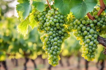 Fototapeta premium Close-up of ripe green grape clusters hanging from vine with vibrant green leaves in sunlit vineyard