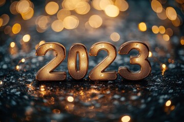 Golden glittering numbers forming 2025 illuminated by warm bokeh lights with a festive blurred background