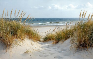 Sandy path through tall beach grass leading to a calm ocean under a partly cloudy sky conveying peace and tranquility