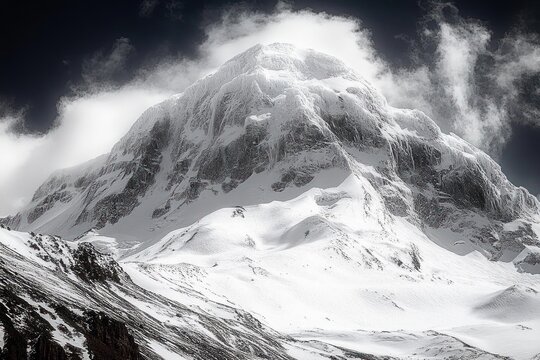 Majestic snow-covered mountain peak towering under dramatic cloudy sky, showcasing rugged icy slopes and serene winter landscape