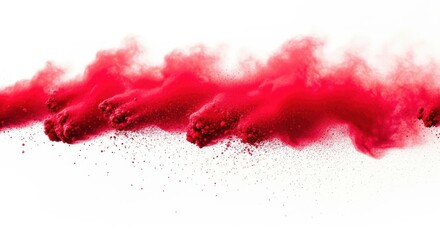 Vibrant red color powder explosion captured midair against a clean white background, creating dynamic cloud shapes and fine dust particles spreading horizontally