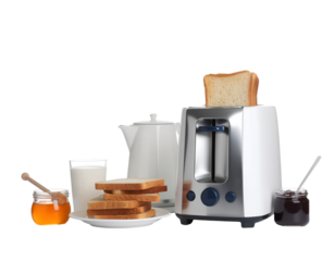 Making toasts for breakfast. Appliance, crunchy bread, honey, jam and milk isolated on transparent png