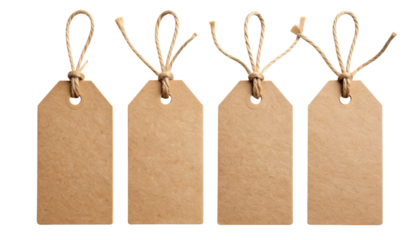  Blank Brown Paper Gift Tags with String Quad Set, isolated on transparent background 