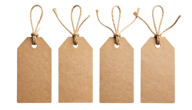 Blank Brown Paper Gift Tags with String Quad Set, isolated on transparent background 