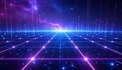 Digital landscape with glowing gridlines, ascending vertical lines, and cosmic background