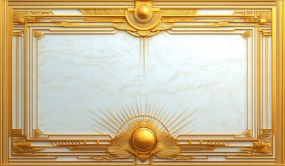 Elegant golden decorative frame with geometric and sunburst patterns on a light marble textured background
