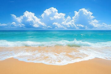 Obraz premium Calm beach scene with golden sand, gentle turquoise waves breaking on shore under bright blue sky with large fluffy white clouds