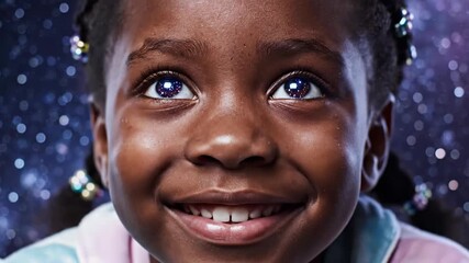 Young girl gazing upwards with a starry galaxy reflection in her eyes
