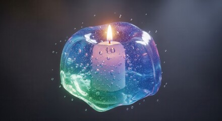 Illuminated wax cylinder encased within a vibrant, translucent, liquid-like enclosure