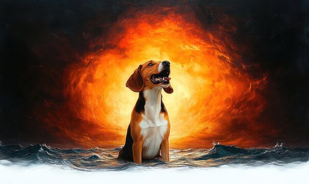 A joyful beagle dog sitting in water with waves under an intense glowing fiery orange and yellow background evoking warmth and energy - Powered by Adobe