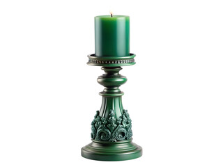 Ornate dark green candle in a detailed vintage candlestick isolated on transparent background
