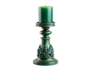 Ornate dark green candle in a detailed vintage candlestick isolated on transparent background