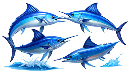 Fototapeta premium Blue Marlin Fish Collection of Four Designs, isolated on transparent background