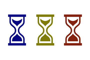 Set of colored hourglass icons with blue, olive and red sand timer symbols on white background