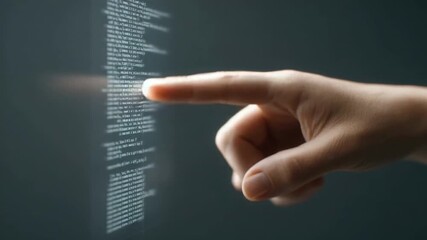 Close-Up View of a Hand Interacting with Digital Data on a Transparent Screen in a Modern Environment 4k video footage - Powered by Adobe