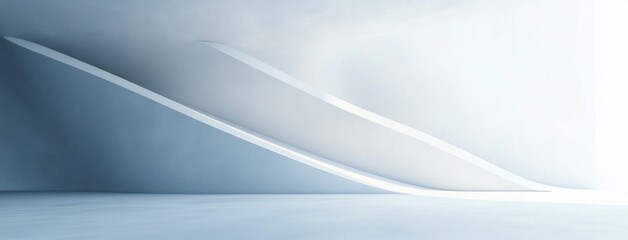 Naklejka premium Minimalist empty interior with sweeping curved white ramps along pale blue walls, soft diffused light and a calm serene atmosphere