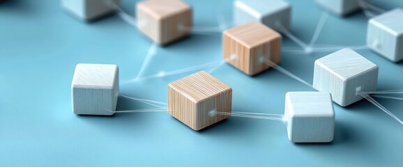 Wooden cubes connected by strings arranged on a smooth blue surface, symbolizing network or connection with a calm and organized feeling