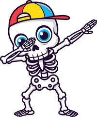 Funny cartoon skeleton doing dab dance pose with colorful cap, playful Halloween character illustration for kids, stickers, merch, and digital artwork