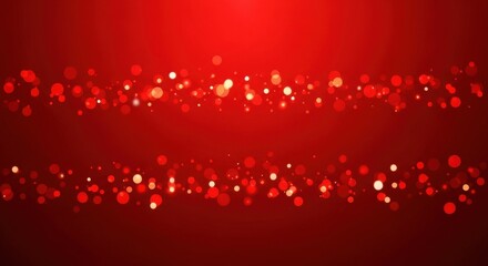 Abstract red background with horizontal bands of glowing bokeh light particles creating a festive and elegant atmosphere suitable for holiday or celebration design elements