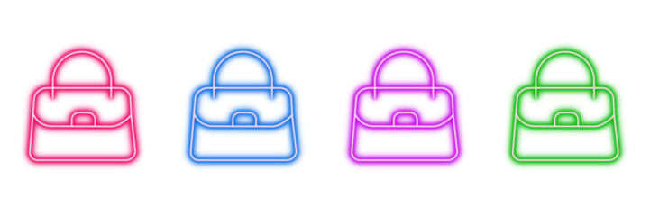 Neon glowing handbag vector icons set, purse, fashion accessory, shopping, women's style, vibrant colorful digital design illustration on transparent background.