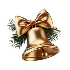 Golden Christmas bell with a green bow and pine needles on a white background metallic isolated on a transparent background